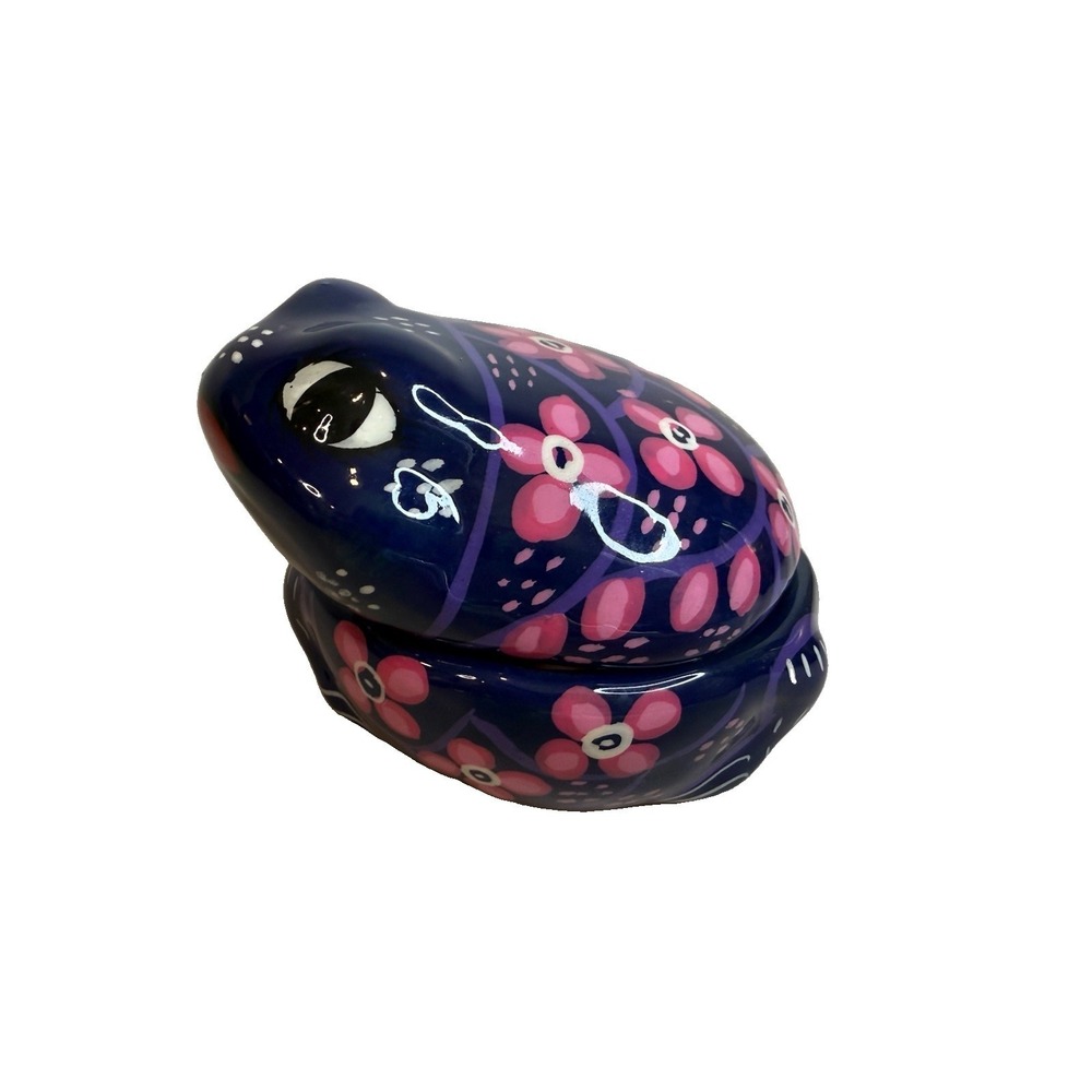 Hand Painted Mexican Pottery Purple Frog Toad Daisy Flowers Design Trinket Box
